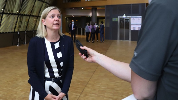Magdalena Andersson, Sweden's finance minister, speaks to journalists as she arrives at a Eurogroup meeting of European Union (EU) finance ministers in Brussels, Belgium, on Monday, July 12, 2021. U.S. Treasury Secretary Janet Yellen will press EU officials in Brussels this week to reconsider their plan to propose a digital levy after securing the Group of Twenty’s endorsement for the principles of a global corporate-tax agreement.
