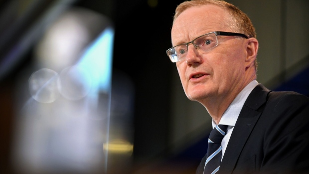 Philip Lowe, the Australian Reserve Bank Governor, delivers a speech at the National Press Club in Canberra, Australia, on Wednesday, Feb. 3, 2021. Lowe praised the country’s quantitative-easing program and warned it would be premature to consider withdrawing monetary stimulus when global peers are extending theirs, and with domestic unemployment and inflation still far from the target.