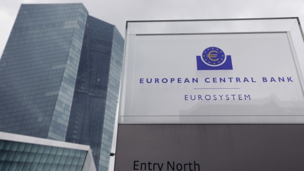A Eurosystem monetary authority sign stands outside the European Central Bank (ECB) headquarters ahead of the bank's rate announcement in Frankfurt, Germany, on Thursday, July 16, 2020. European Central Bank officials will meet Thursday aware that while they’ve probably done enough to fight the coronavirus crisis for now, they face an uneasy summer. Photographer: Alex Kraus/Bloomberg