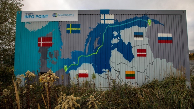 A pipeline route map on the exterior of a closed information point near the Nord Stream 2 gas receiving station in Lubmin, Germany, on Friday, Nov. 12, 2021. Russia’s Nord Stream 2 may need a few more months to clear remaining red tape before the controversial pipeline begins pumping natural gas to Germany to help ease Europe’s energy crunch.