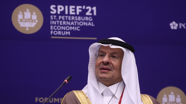 Abdulaziz bin Salman, Saudi Arabia's energy minister, speaks during a panel session on day two of the St. Petersburg International Economic Forum (SPIEF) in St. Petersburg, Russia, on Thursday, June 3, 2021. President Vladimir Putin will host Russia’s flagship investor showcase as he seeks to demonstrate its stuttering economy is back to business as usual despite continuing risks from Covid-19 and new waves of western sanctions.