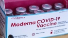 A box of the Moderna Covid-19 vaccine vials at a drive-thru vaccination site at the Meigs County fairgrounds in Pomeroy, Ohio, U.S., Photographer: Stephen Zenner/Bloomberg