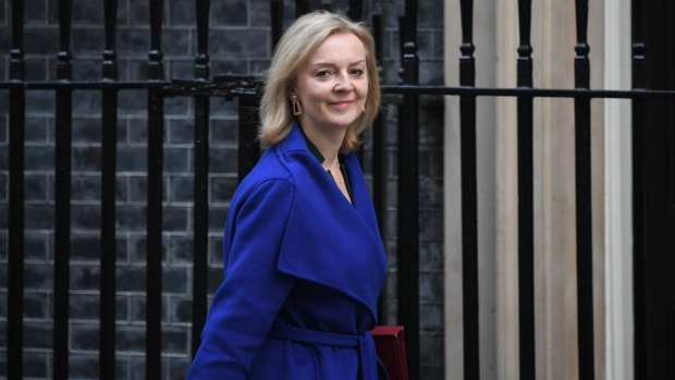 Liz Truss, U.K. foreign secretary, arrives for a weekly meeting of cabinet minsters at number 10 Downing Street in London, U.K., on Tuesday, Nov. 16, 2021. U.K. Prime Minister Boris Johnson’s latest effort to draw a line under an escalating lobbying and sleaze row engulfing his government was thwarted at the last minute in the U.K. Parliament.