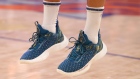 NEW YORK, NEW YORK - DECEMBER 14: A detailed view of the basketball shoes of Stephen Curry #30 of the Golden State Warriors is seen as he warms-up before playing against the New York Knicks at Madison Square Garden on December 14, 2021 in New York City. NOTE TO USER: User expressly acknowledges and agrees that, by downloading and or using this photograph, User is consenting to the terms and conditions of the Getty Images License Agreement. (Photo by Al Bello/Getty Images)
