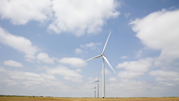 Wind turbines stand at the Invenergy LLC Buckeye Wind Energy Center in Hays, Kansas.