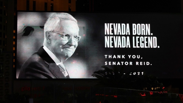 A sign at Planet Hollywood Resort & Casino pays tribute to the later Senator Harry Reid in Las Vegas, Nevada, on Dec. 29, 2021.