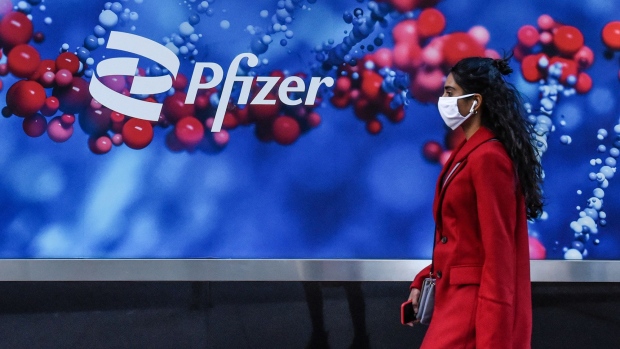 Signage outside Pfizer headquarters in New York.