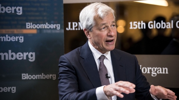 Jamie Dimon, chief executive officer of JPMorgan Chase & Co., speaks during a Bloomberg Television interview on the sidelines of the JP Morgan Global China Summit in Beijing, China, on Wednesday, May 8, 2019. Dimon put the odds of the U.S. and China reaching a trade deal at 80 percent, sounding a note of optimism even after the rising specter of tariffs roiled global markets. Photographer: Giulia Marchi/Bloomberg