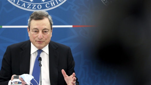 Mario Draghi, Italy's prime minister, gestures as he speaks during a news conference in Rome, Italy, on Friday, April 16, 2021. Draghi told reporters in Rome that the country will start reopening activities from April 26, as coronavirus contagions slow.