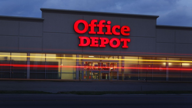 Signage is displayed outside an Office Depot Inc. retail store in Louisville, Kentucky, U.S., on Sunday, Nov. 5, 2017. Office Depot is expected to release earnings on Nov. 9.