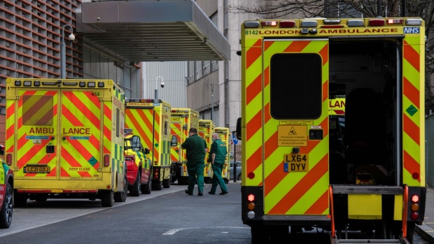 Ambulances queued up outside the Royal London Hospital in London, on Jan. 7. Photographer: Chris J. Ratcliffe/Bloomberg