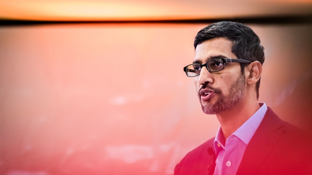 Sundar Pichai, chief executive officer of Alphabet Inc., delivers a speech on artificial intelligence at the Bruegel European economic think tank in Brussels, Belgium, on Monday, Jan. 20, 2020. Pichai urged the U.S. and European Union to coordinate regulatory approaches on artificial intelligence, calling their alignment “critical.”