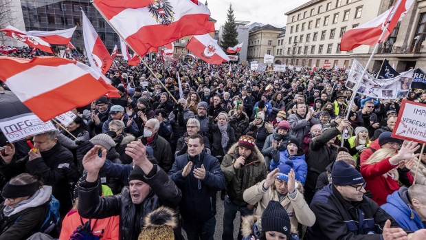 A rally against coronavirus-related restrictions and vaccination mandate in Innsbruck, Austria, on Jan 9. 