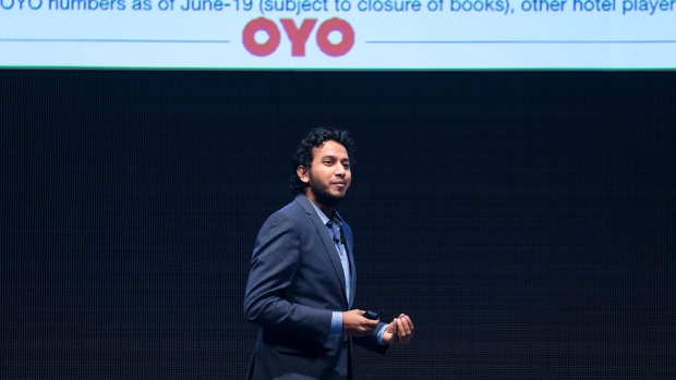 Oravel Stays Private Ltd. Founder and Chief Executive Officer Ritesh Agarwal makes a speech during the SoftBank World 2019 conference on July 18, 2019 in Tokyo, Japan.