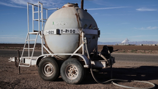A Nutrien container in Calipatria, California, U.S., on Wednesday, Dec. 15, 2021. Demand for electric vehicles has shifted investments into high gear to extract lithium from geothermal wastewater around the Salton Sea in California's Imperial Valley. Photographer: Bing Guan/Bloomberg
