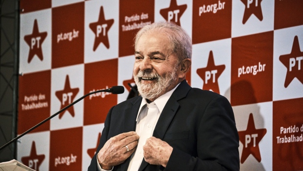 Luiz Inacio Lula da Silva, Brazil's former president, speaks during a news conference in Brasilia, Brazil, on Friday, Oct. 8, 2021. Lula said that he is not yet discussing political composition for the 2022 elections and that he has not yet decided on names to become vice president or Economy Minister.