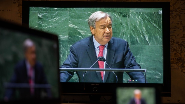 Antonio Guterres, secretary general of the United Nations, speaks during the United Nations General Assembly via live stream in New York, U.S., on Tuesday, Sept. 21, 2021. A scaled-back United Nations General Assembly returns to Manhattan after going completely virtual last year, but fears about a possible spike in Covid-19 cases are making people in the host city less enthusiastic about the annual diplomatic gathering.