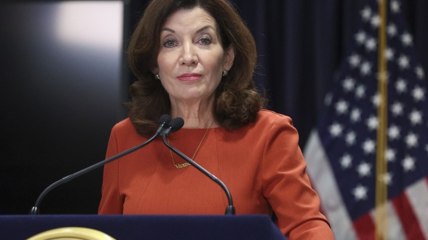 Kathy Hochul, governor of New York, during a news conference in New York, U.S., on Monday, Sept 30, 2021. A Covid-19 vaccine mandate for health workers that went into effect this week is working to boost vaccination rates, providing a road map to other states that are trying to fight the highly transmissible delta variant. Hochul said this week.