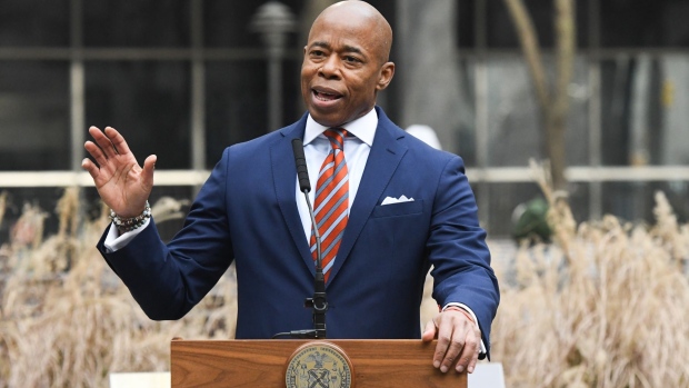 Eric Adams, mayor of New York, speaks during a news conference outside the Manhattan Civil Courthouse in New York, U.S., on Thursday, Jan. 13, 2022. Adams said he is considering a temporary remote option for the city's public schools, in a stark reversal of his position to keep kids learning in person despite a surge in Covid cases. Photographer: Stephanie Keith/Bloomberg