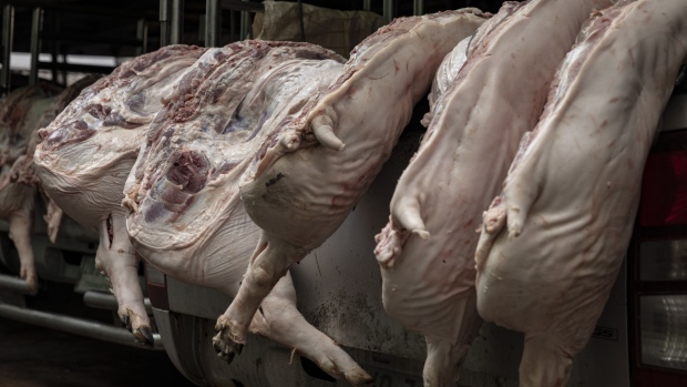 Pig carcasses in trucks at a wholesale distribution center in Bangkok, Thailand, on Friday, Jan. 7, 2022. Thailand imposed a ban on pork exports from Jan. 6 to April 5, as prices in the major producer soar amid a shortage of the meat. Photographer: Andre Malerba/Bloomberg