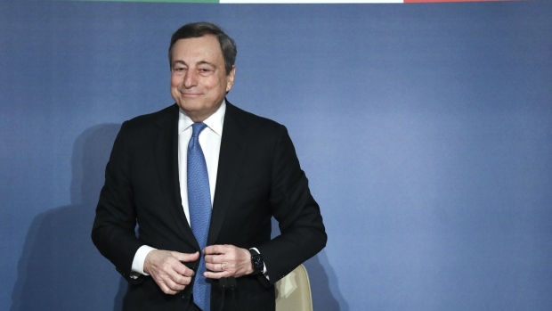 Mario Draghi, Italy's prime minister, during his end of year address in Rome, Italy, on Wednesday, Dec. 22, 2021. Draghi said Italy’s stability won’t be in jeopardy in the future -- even under a different leader -- as long as the government is supported by the same broad majority it has now.