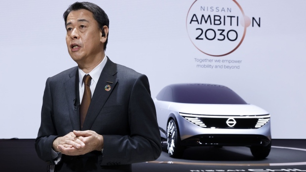 Makoto Uchida, chief executive officer of Nissan Motor Co., speaks during a Bloomberg Television interview at a showroom inside the company's global headquarters in Yokohama, Japan, on Monday, Nov. 29, 2021. Nissan will invest 2 trillion yen ($17.6 billion) over the next five years to electrify more of its lineup and turn battery-powered cars into a pillar of its long-term growth.