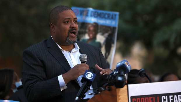 Alvin Bragg speaks during a Get Out the Vote rally at A. Philip Randolph Square in Harlem on November 01, 2021 in New York City.