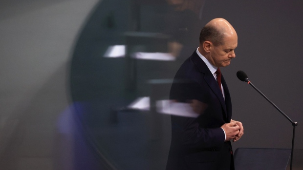 Olaf Scholz, Germany's chancellor, speaks at the Bundestag in Berlin, Germany, on Wednesday, Jan. 12, 2022. Scholz issued a strong appeal for Germans to get vaccinated against Covid-19, saying failing to do so puts others at risk as the nation grapples with the fast-spreading omicron variant.