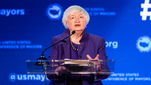 Janet Yellen, U.S. Treasury secretary, speaks during the U.S. Conference of Mayors winter meeting in Washington, D.C., U.S., on Wednesday, Jan. 19, 2022. Yellen said she doesn't expect the omicron variant of the coronavirus to disrupt the ongoing economic recovery.