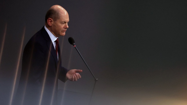 Olaf Scholz, Germany's chancellor, speaks in the Bundestag in Berlin, Germany, on Wednesday, Jan. 12, 2022. Scholz issued a strong appeal for Germans to get vaccinated against Covid-19, saying failing to do so puts others at risk as the nation grapples with the fast-spreading omicron variant. Photographer: Krisztian Bocsi/Bloomberg