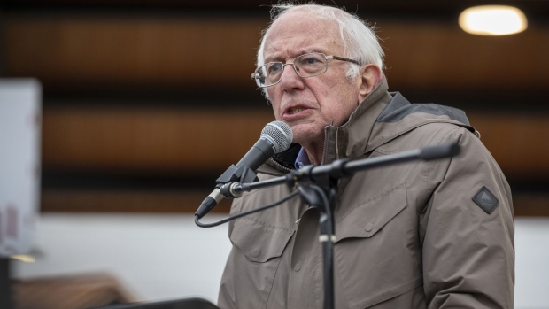 Senator Bernie Sanders, an Independent from Vermont, speaks during a union workers strike against Kellog Co. in Battle Creek, Michigan, U.S., on Friday, Dec. 17, 2021. Sanders rallied with striking Kellogg Co. workers in Michigan on Friday, after Kellogg said last month it was planning to hire replacement workers "where appropriate."