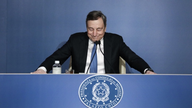 Mario Draghi, Italy's prime minister, during his end of year address in Rome, Italy, on Wednesday, Dec. 22, 2021. Draghi said Italy’s stability won’t be in jeopardy in the future -- even under a different leader -- as long as the government is supported by the same broad majority it has now.