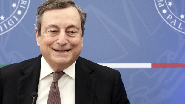 Mario Draghi, Italy's prime minister, during a news conference on a vaccine mandate in Rome, Italy, on Monday, Jan. 10, 2022. Italy made vaccination compulsory for people over 50 and further reduced what the unvaccinated can do in its latest bid to fight the surge in Covid-19 cases.