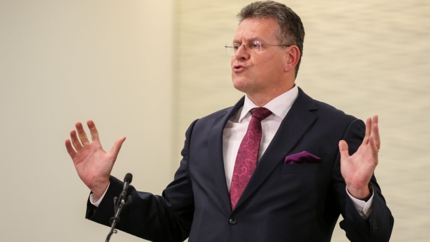 Maros Sefcovic, vice president of European Commission, during a news conference following negotiations over the Northern Ireland Protocol, in London, U.K., on Friday, Nov. 12, 2021. The European Union warned that talks with the U.K. aimed at resolving a diplomatic spat over Northern Ireland are at risk of stalemate unless Boris Johnson's government agrees to shift its stance.