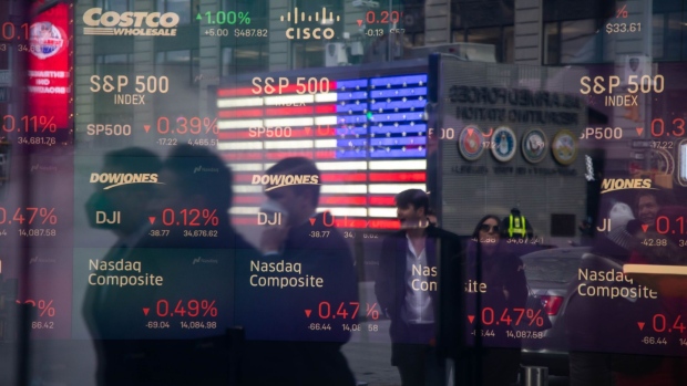 Monitors display stock market information at the Nasdaq MarketSite in New York, U.S., on Friday, Jan. 21, 2022. With the worst start of a year in more than a decade and a $2.2 trillion wipeout in market value, the Nasdaq Composite Index couldn’t have had a messier kickoff to 2022. Photographer: Michael Nagle/Bloomberg