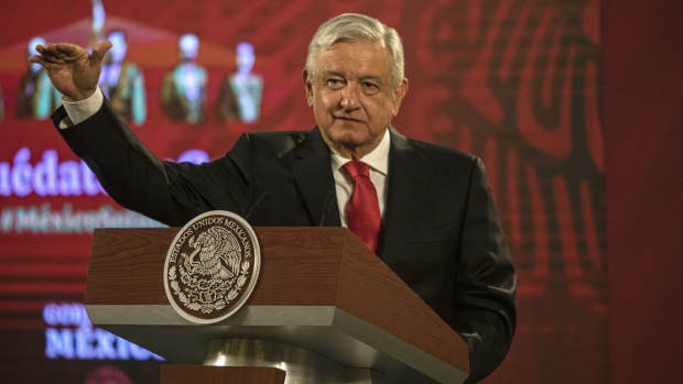 Andres Manuel Lopez Obrador, Mexico's president, speaks during a news conference at the National Palace in Mexico City, Mexico, on Wednesday, July 22, 2020. Lopez Obrador presented a plan to overhaul the nation's $266 billion pension system, seeking to have companies pay more toward employee retirement funds, in a rare display of unity with business leaders.