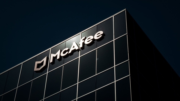 Signage is displayed outside McAfee Corp. headquarters in Santa Clara, California, U.S., on Tuesday, Sept. 29, 2020. Cybersecurity software maker McAfee Corp. has filed to go public, adding to the roster of companies rushing to cash in on a hot market for U.S. initial public offerings. Photographer: David Paul Morris/Bloomberg