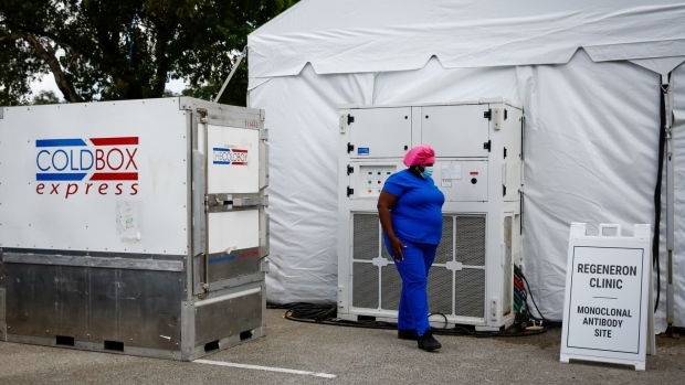 A coldbox containing monoclonal antibody treatments at a Regeneron clinic in Pembroke Pines, Florida, U.S., on Wednesday, Aug. 18, 2021. Florida’s State Board of Education said it would force defiant school districts to comply with Governor Ron DeSantis’s executive order forbidding them from mandating students wear masks as a way to slow a surge in Covid-19 cases.