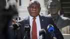 Cyril Ramaphosa, South Africa's president, speaks to the media outside parliament in Cape Town, South Africa, on Thursday, Nov. 11, 2021. South Africa’s Treasury vowed to return state finances to a sustainable path, holding off expanding welfare measures in one of the world’s most unequal societies. Government bonds and the rand gained.