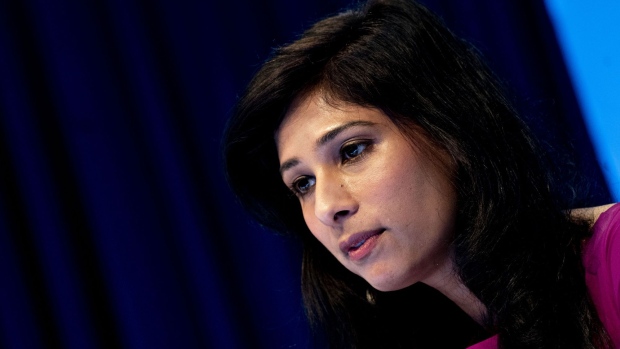 Gita Gopinath, chief economist at the International Monetary Fund (IMF), speaks at a World Economic Outlook news conference during the annual meetings of the IMF and World Bank Group in Washington, D.C., U.S., on Tuesday, Oct. 15, 2019. The IMF made a fifth-straight cut to its 2019 global growth forecast, citing a broad deceleration across the world's largest economies as trade tensions undermine the expansion.