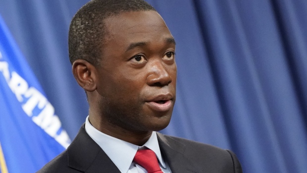 Wally Adeyemo, deputy U.S. Treasury secretary, speaks during a news conference at the Department of Justice in Washington, D.C., U.S., on Monday, Nov. 8, 2021. Today the U.S. Treasury Department's Office of Foreign Assets Control (OFAC) sanctioned two ransomware operators and a virtual currency exchange network that launder the proceeds of ransomware.