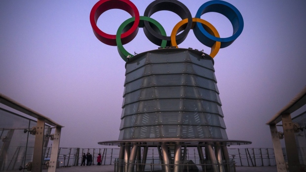 The Olympic rings at the observation deck at the Olympic Tower in Beijing, China, on Friday, Jan. 7, 2022. Beijing said it will conduct the winter games in a so-called “closed loop”, with participants only allowed to move between Olympic venues and other related facilities, and to use designated transport services. Photographer: Andrea Verdelli/Bloomberg