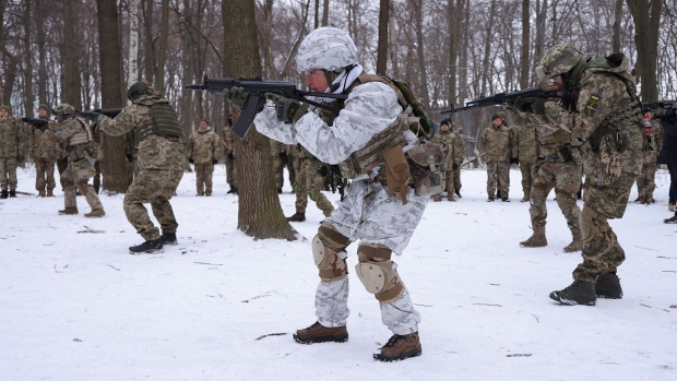 Kyiv Territorial Defence unit, trains on a Saturday in a forest on January 22, 2022 in Kyiv, Ukraine. 