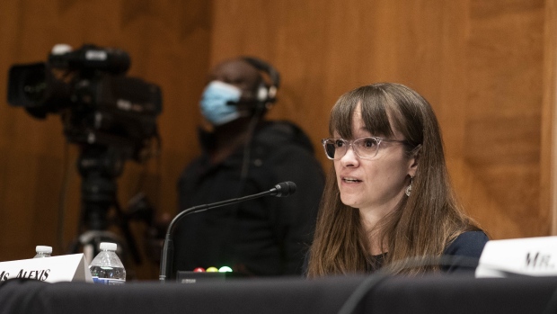 Alexis Goldstein, director of financial policy at Open Markets Institute, speaks during a Senate Banking, Housing, and Urban Affairs Committee hearing in Washington, D.C., U.S., on Tuesday, Dec. 14, 2021. The hearing is titled "Stablecoins: How Do They Work, How Are They Used, and What Are Their Risks?'