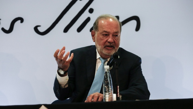 Carlos Slim, chairman emeritus of America Movil SAB, speaks during a press conference in Mexico City, Mexico, on Monday, April 16, 2018. Slim said that Mexico has plenty of advantages in the NAFTA negotiations.