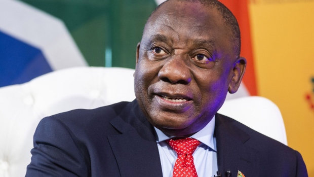 Cyril Ramaphosa, South Africa's president, speaks during a Bloomberg Television interview during the South African Investment Conference in Johannesburg on Wednesday, Nov. 18, 2020. South Africa has drawn a line on debt and will bring it down, Ramaphosa said. Photographer: Waldo Swiegers/Bloomberg