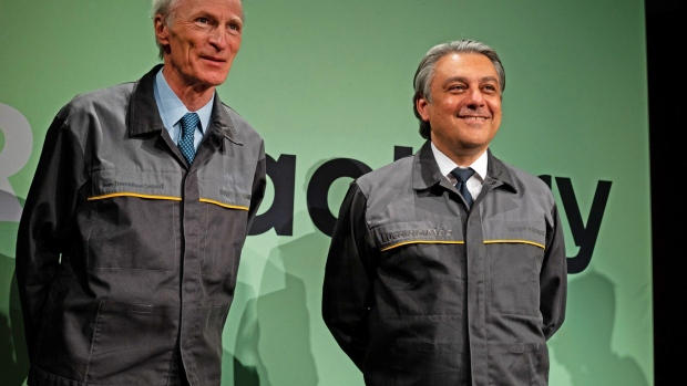 Jean-Dominique Senard, chairman of Renault SA, left, and Luca de Meo, chief executive officer of Renault SA, during a news conference at Renault SA's Re-Factory plant in Flins, France, on Tuesday, Nov. 30, 2021. The factory west of Paris, which makes the Zoe electric vehicle and the Nissan Micra, will transform by 2024 to recycle and retrofit cars and batteries. Photographer: Benjamin Girette/Bloomberg