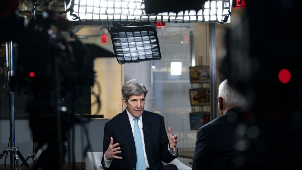 John Kerry, U.S special presidential envoy for climate, speaks during an interview on the David Rubenstein Show in Washington, D.C., U.S., on Wednesday, Jan. 26, 2022. Kerry warned Monday that the world is “in trouble” and off-track in its efforts to mitigate or reverse the impacts of climate change, reports The Hill.