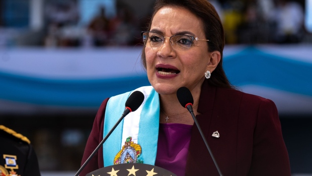 Xiomara Castro, Honduras' president, speaks during an inauguration ceremony at the National Stadium in Tegucigalpa, Honduras, on Thursday, Jan. 27, 2022. Honduras' incoming president said the nation needs a comprehensive restructuring of its unsustainable debt, prompting a drop in bond prices.
