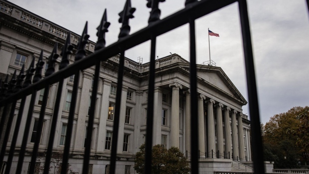 The U.S. Treasury building in Washington, D.C., U.S., on Saturday, Nov. 20, 2021. The Treasury's top climate adviser said he expects the country's financial regulators to take "very strong and systemic" action next year to begin bolstering the resilience of financial institutions to the risks posed by climate change.